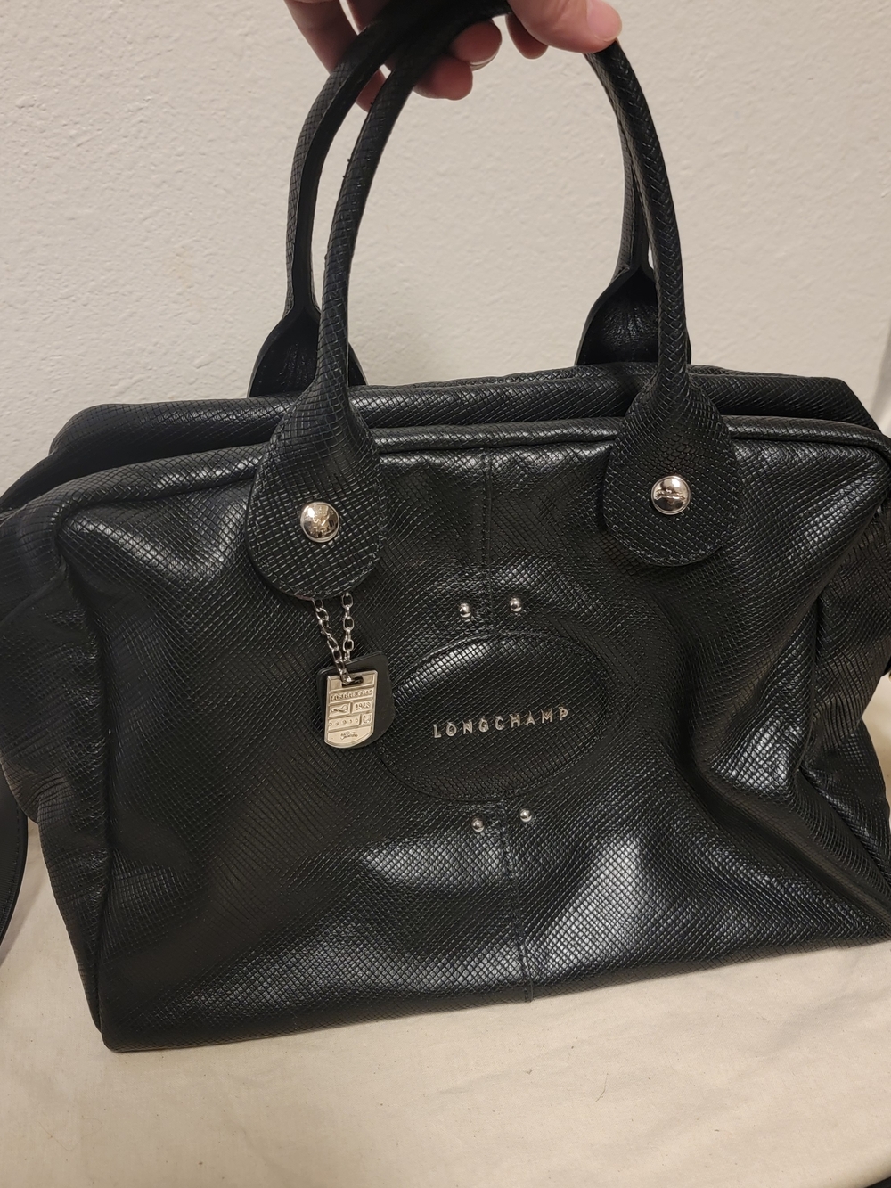 Longchamp Black Textured Leather Tote Bag